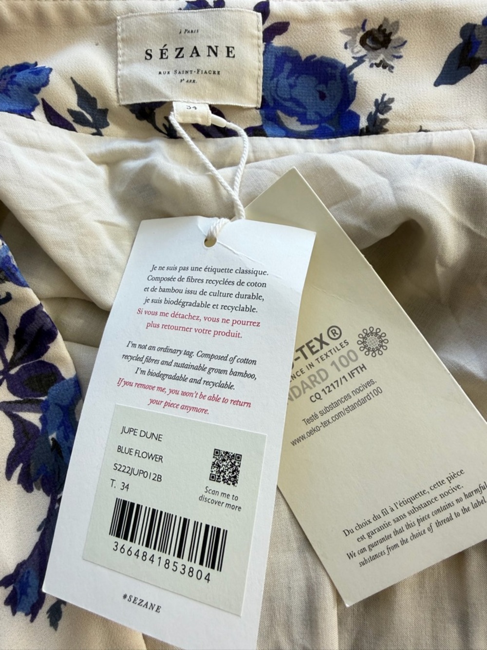 Sézane Dune Cream Pleated Skirt with Blue Flowers NWT 34 - Picture 7 of 8